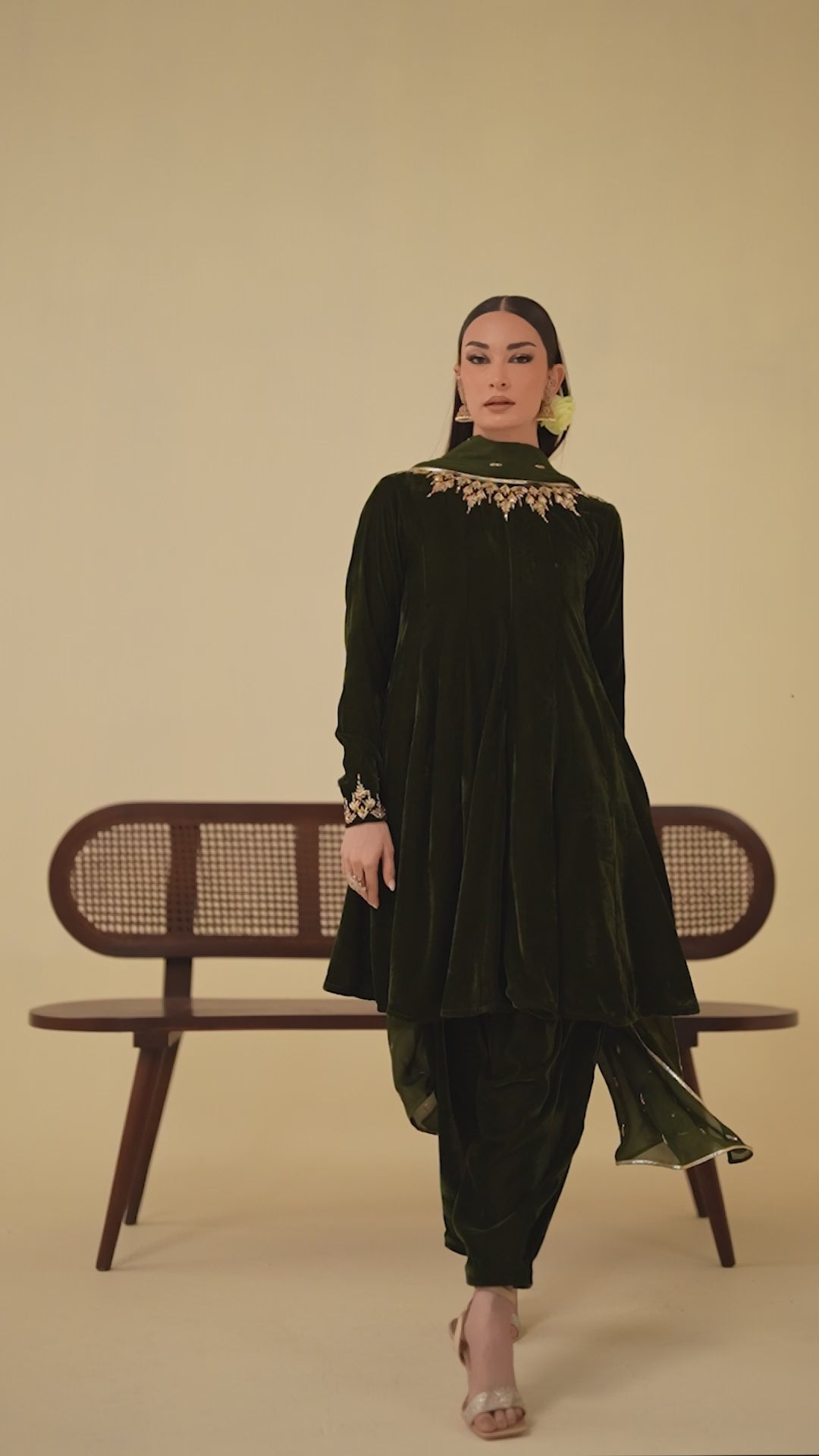 3-Piece Olive Green Velvet Embroidered